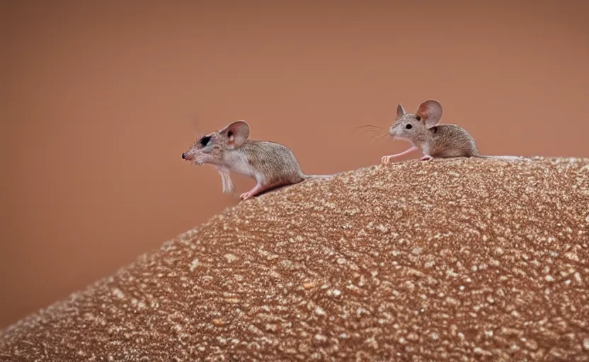 Prompt: a small desert mouse riding on the back of the giant sandworm, macro photography