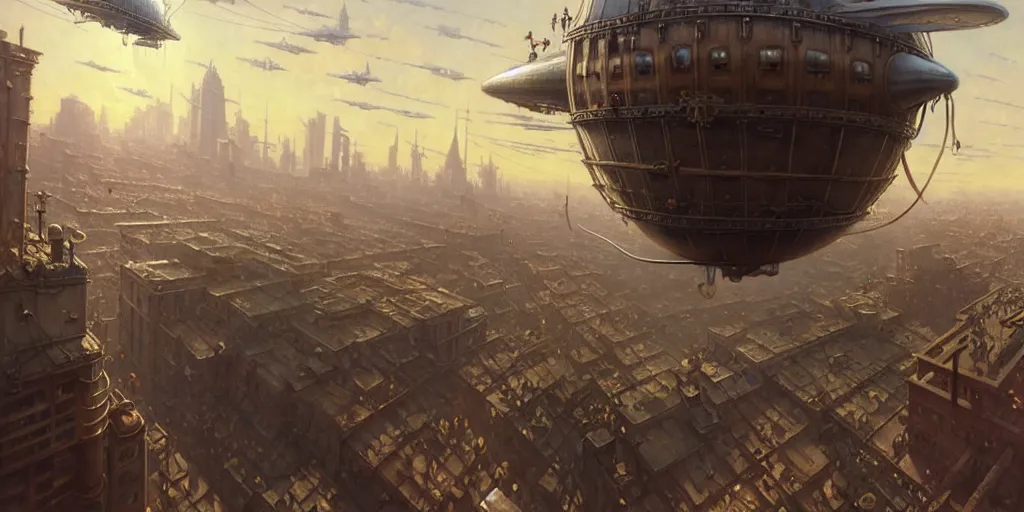 Image similar to steampunk airship above a busy city, exquisite details, denoised, mid view, by norman rockwell, karl kopinski, artsation, greg rutkowski, makoto shinkai, takashi takeuchi, studio ghibli