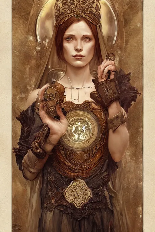 Image similar to tarot card, high priestess, intricate, elegant, highly detailed, concept art, sharp focus, beautiful face!!, digital art, smooth defined outlines!!, by Bastien Deharme, Brom, trending on Artstation, Alphonse Mucha