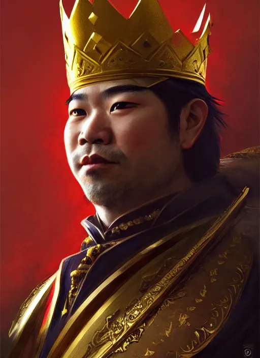 Image similar to gm hikaru nakamura dressed as a king, fantasy portrait, artstation, extremely detailed artgerm greg rutkowski