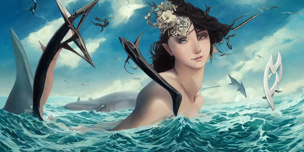 Prompt: close up of a extremely beautiful and aesthetic shark tooth girl holding a symmetrical trident on the horizon, perfect face, symmetric eyes, model pose, slightly smiling, sun set, big wave, big blade whale fighting against thorn sharks flying on the background, epic scene, fantasy illustrations, by peter mohrbacher and makoto shinkai and ferdinand knab