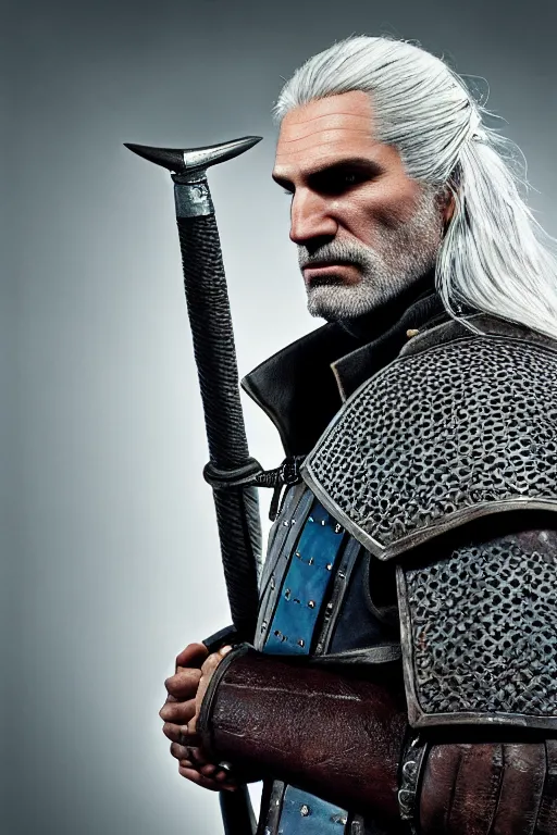 Image similar to portrait of geralt of rivia, 5 5 mm lens, professional photograph, times magazine, serious, stern look