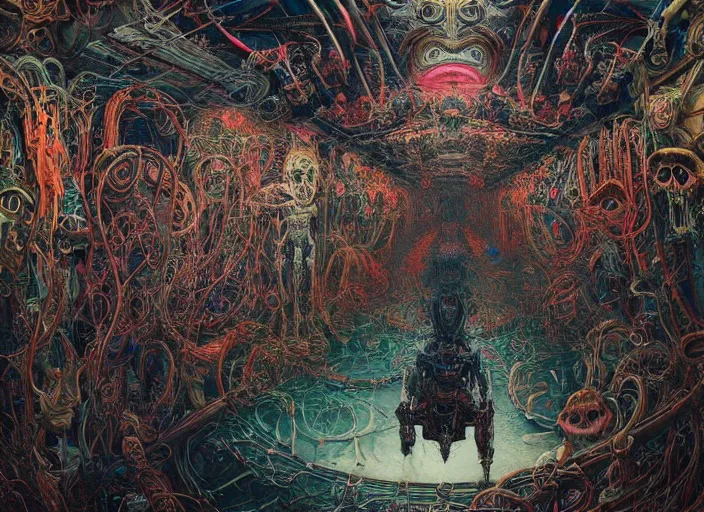 Image similar to eventually even humans who avoided the world were drawn into its madness. inside an grand, ornate brutalist space ship, creepy, diabolical, dark, mystical, hyper surrealism, neo - gothic, neon glow, intricate and highly detailed painting by james jean, adrian ghenie, takato yamamoto, and gerhard richter.