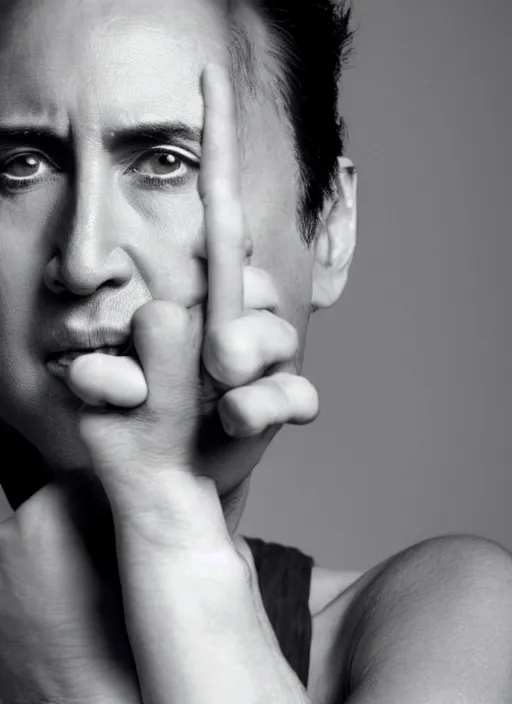 Prompt: portrait of beautiful 3 0 yearold female nic cage by mario testino, headshot, detailed, award winning, sony a 7 r