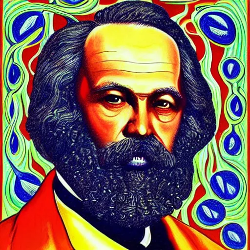 Image similar to karl Marx painting by alex grey in the style of a tool album cover