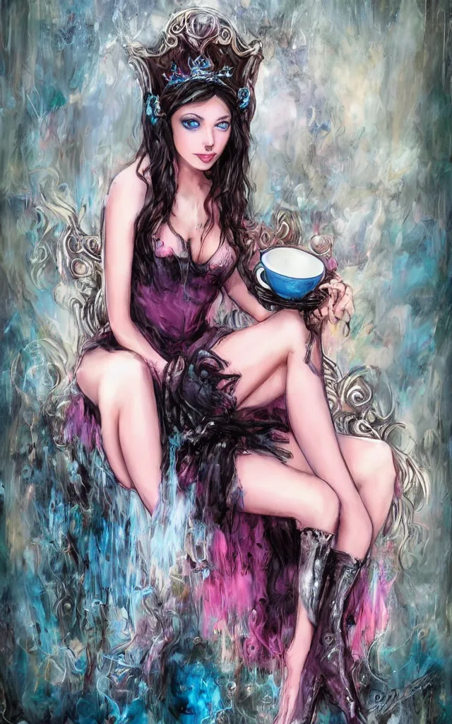 Image similar to beautiful young dark haired girl, with blue eyes, pink lips, dark eye shadow, lois royo style, dark princess of coffee, sitting on a throne drinking coffee.