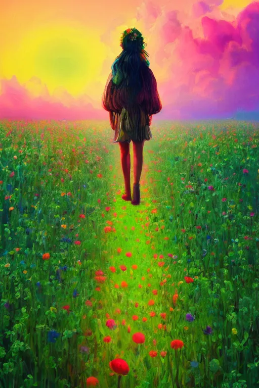 Image similar to giant flower head, girl walking in a flower field, surreal photography, sunrise, dramatic light, impressionist painting, colorful clouds, digital painting, artstation, simon stalenhag