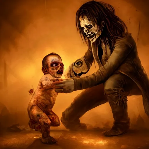 Image similar to The necromancer changes the diaper of his zombie baby, dramatic lighting, cinematic, establishing shot, extremely high detail, foto realistic, cinematic lighting, post processed, concept art, high details, cinematic, 8k resolution, beautiful detailed, photorealistic, digital painting, artstation, concept art, smooth, sharp focus, artstation trending, octane render, unreal engine