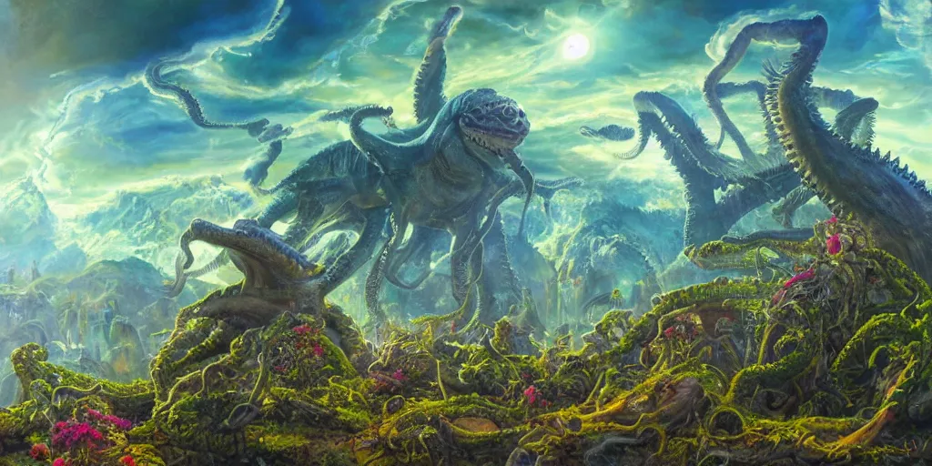 Image similar to fantasy oil painting, great leviathan, cybernetic turtle cephalopod terrapin reptilian pachyderm squid, bella hadid, hybrid, milla jovovich, anubis, epic natural light, lush plants flowers, spectacular mountains, bright clouds, luminous sky, outer worlds, golden hour, michael cheval, edward hopper, michael whelan, vray, hd