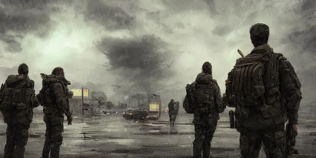 Prompt: private military company operatives standing outside immigration check point with severe weather storms behind, cinematic, realistic, detailed, intricate, digital art, ambient lightning, by jordan grimmer, industrial art style, 3 5 mm film grain, artstation