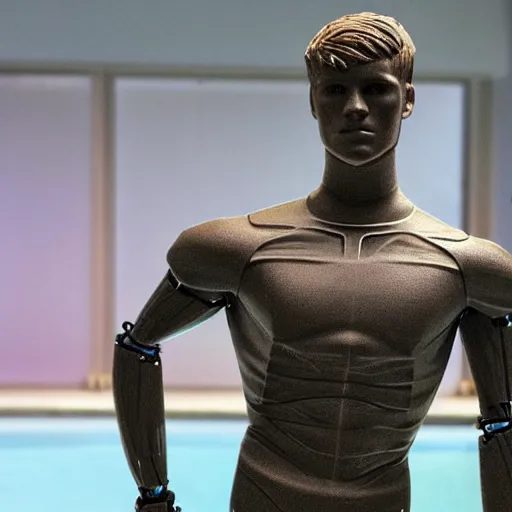 Image similar to a realistic detailed photo of a guy who is an attractive humanoid who is half robot and half humanoid, who is a male android, soccer player martin ødegaard, shiny skin, posing like a statue, blank stare, by the pool, on display, showing off his muscles, humanoid robot, frozen ice statue