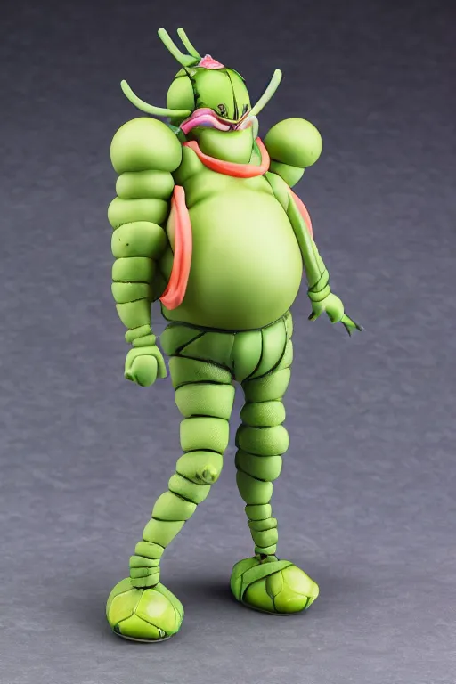 Prompt: a fat bubbly super detailed anime figurine with fluo color detail, and muted arm colors, that looks like a insect, decorated by plastic synthetic ionized metal flower sculptures