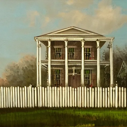 Prompt: oil painting of Greek Revival white mansion surrounded by a cast iron fence, dynamic lighting, award-winning