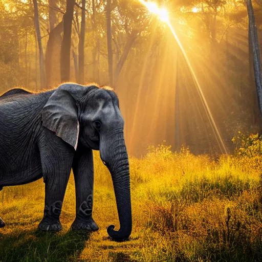 Image similar to A portrait of an elephant in a forest, natural lighting, sunbeams, golden hour, misty atmospherics