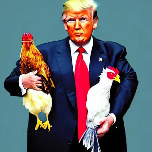 Prompt: donald trump holding a chicken, portrait,