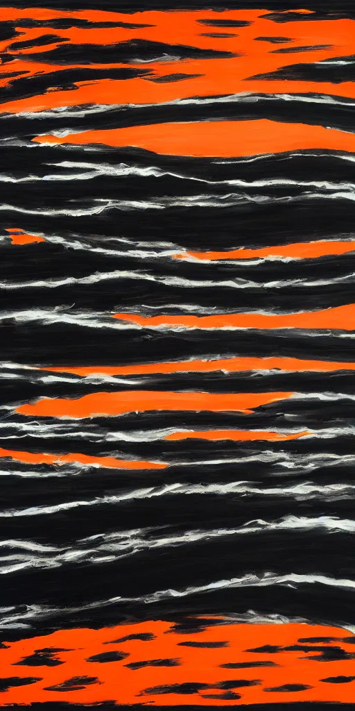 Prompt: the sea of sadness, a black void, a line of orange sunset, crushing despair, brush strokes, acrylic painting