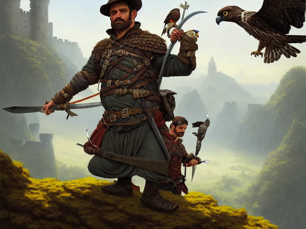 Image similar to middle age ranger with rugged expresions falcon pet on his sholder holding a long sword, top a cliff observing old ruins of a castle, elegant clothing, photorealistic render, matte patining, highly detailed, artstation, smooth, sharp focus, art by michael whelan, artgerm, greg rutkowski