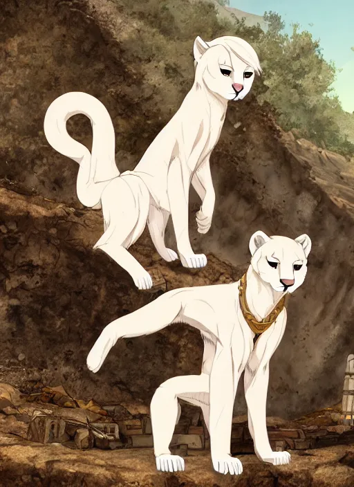 Image similar to character portrait of a anthro!!! albino mountain lion wearing miner's clothes at the mines. hidari, color page, tankoban, 4K, tone mapping, Akihiko Yoshida.