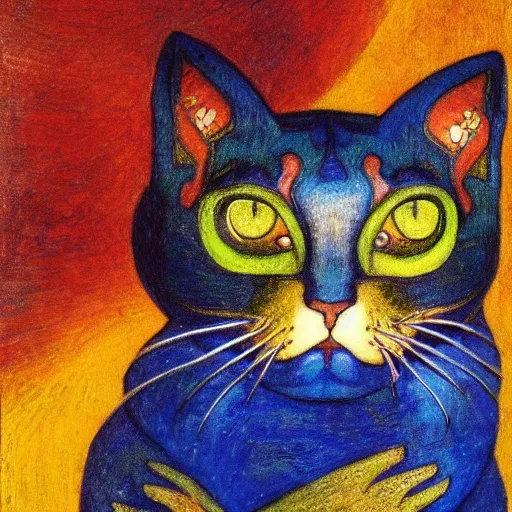 Image similar to cloisonne cat head, by annie swynnerton and diego rivera and nicholas roerich and jean delville, symbolist, dramatic lighting, god rays, elaborate geometric ornament, art brut, rich colors, smooth, sharp focus, extremely detailed, adolf wolfli and ( donato giancola )