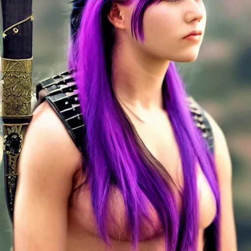 Prompt: beautiful female warrior with long purple hair and katana wearing diadem