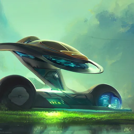 Image similar to solarpunk hovercar, clean energy, green technology, batoidea shape, sunny day, futurism, intricate, engines, glow, highly detailed, peaceful, utopia, bright, digital painting, artstation, concept art, smooth, sharp focus, epic landscape, art by akihiko yoshida and tim mcburnie and anato finnstark