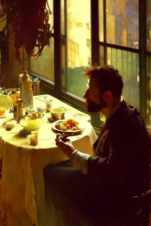 Image similar to hyperrealist portrait of a man eating dinner. by jeremy mann and alphonse mucha, fantasy art, photo realistic, dynamic lighting, artstation, poster, volumetric lighting, very detailed faces, 4 k, award winning