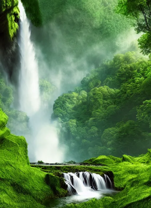 Image similar to a large waterfall in the middle of a green valley, a detailed matte painting by jacob willemszoon de wet, shutterstock contest winner, naturalism, sense of awe, national geographic photo, unreal engine