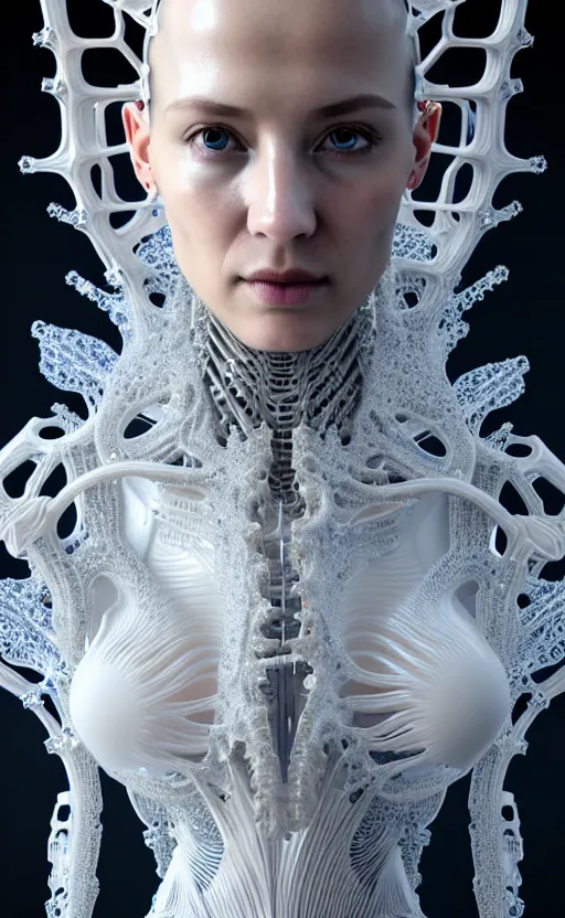 Image similar to intricate hyper detailed ultra sharp natural bright light 3 d render of a beautiful smooth porcelain fascinating cyborg woman portrait, medium shot portrait, alexandre ferra mecha, cyberpunk art nouveau haute couture huge fractal white silver gold mycelum and crystal pore fungi head ornaments, big embroidered leaves filigree spreaded roots, octane render, volumetric cinematic lighting, 8 k, vray tracing