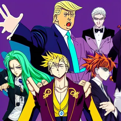 Prompt: trump as a jojo character, anime key visual, jojo the bizarre adventure, hirohiko araki, wlop