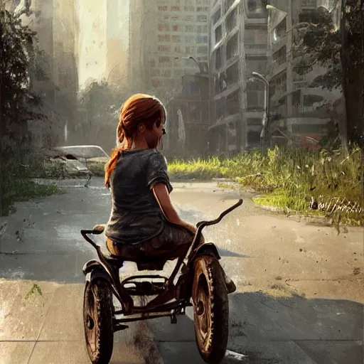 Image similar to portrait of elle from the last of us, riding a tricycle, painted by greg rutkowski, wlop
