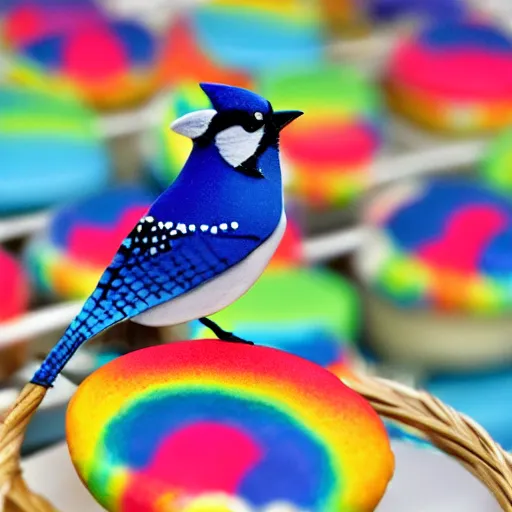 Image similar to A photograph of a (photorealistic blue jay) standing on a large basket of rainbow macarons.