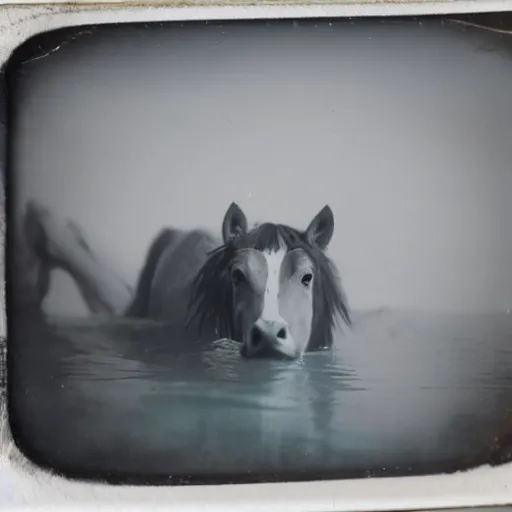 Prompt: tintype photo, swimming deep underwater, unicorn