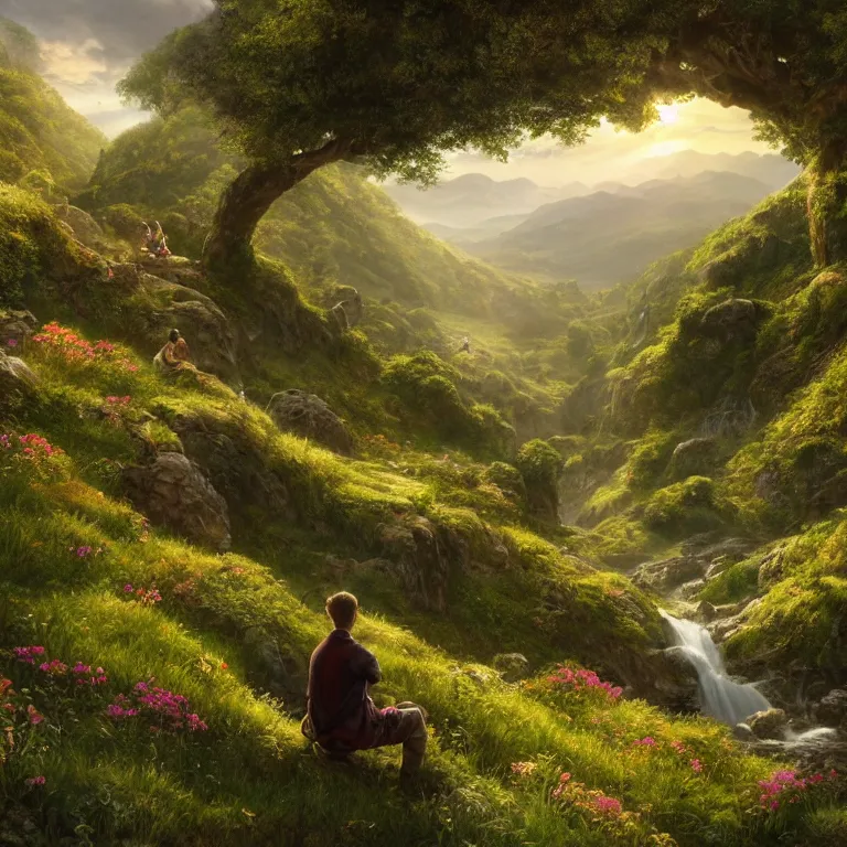 Image similar to a young man sitting and looking out at a lord of the rings scenery landscape, vast lush valley flowers, stream, sunrise, god's rays highly detailed, vivid colour, soft clouds, floral sunset, cinematic lighting, perfect composition, 8 k, gustave dore, derek zabrocki, greg rutkowski, belsinski, octane render