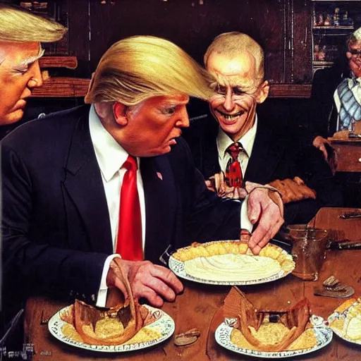 Image similar to donald trump eating a cream pie at a wooden table, he is smiling, artist norman rockwell,