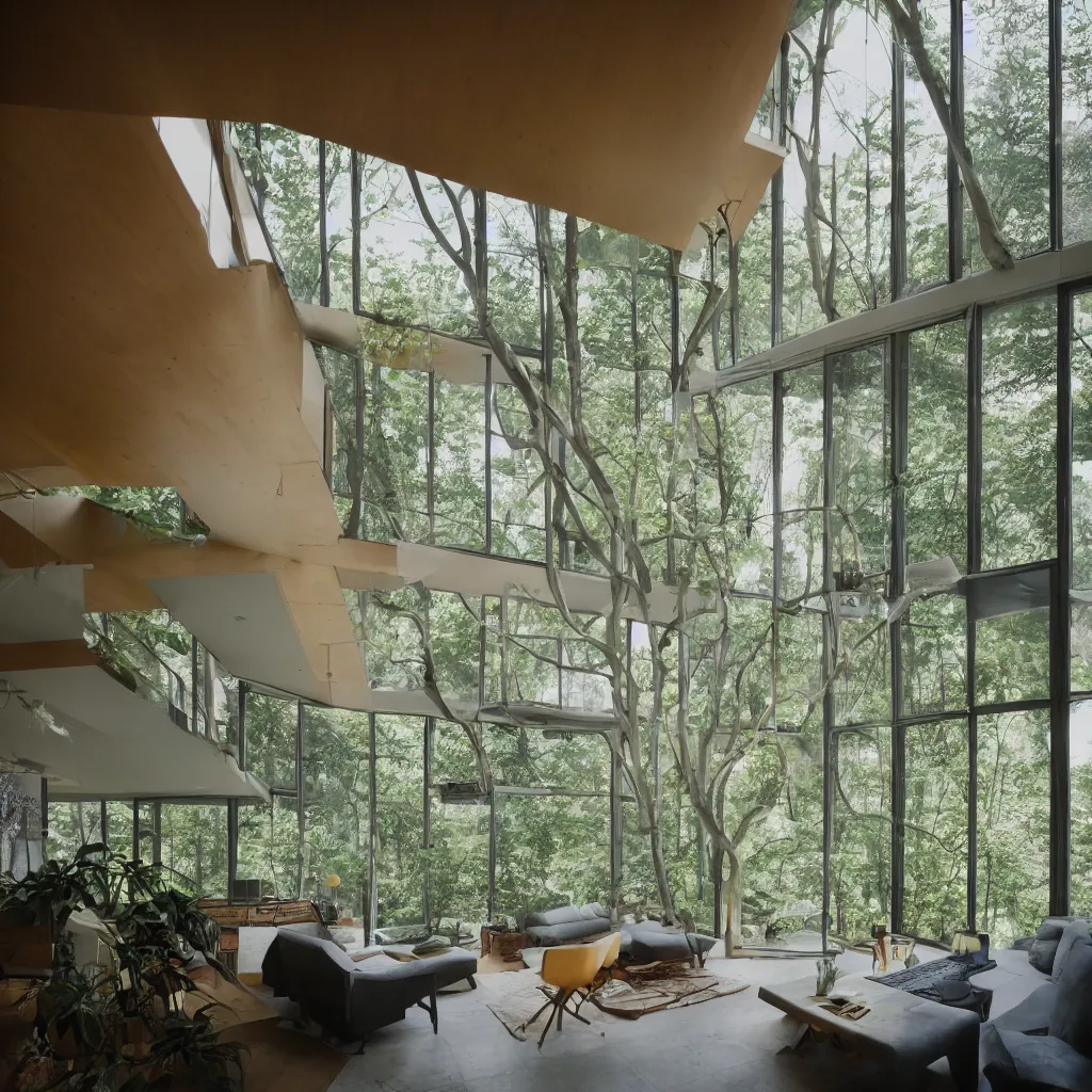 Image similar to modern home interior overtaken by nature, color photograph, canon eos c 3 0 0, ƒ 1. 8, 3 5 mm, 8 k, medium - format print