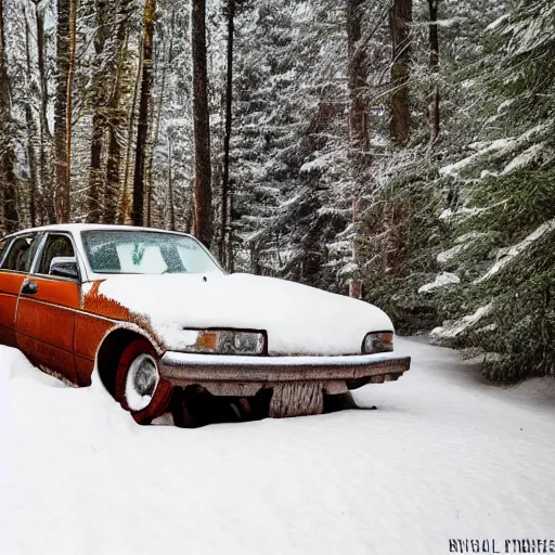 Prompt: rusty sedan in winter forest