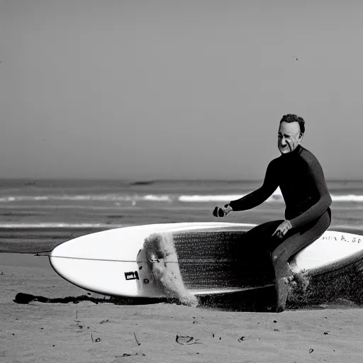 Prompt: tom hanks on a surfboard at the beach, photography, 3 5 mm lens,