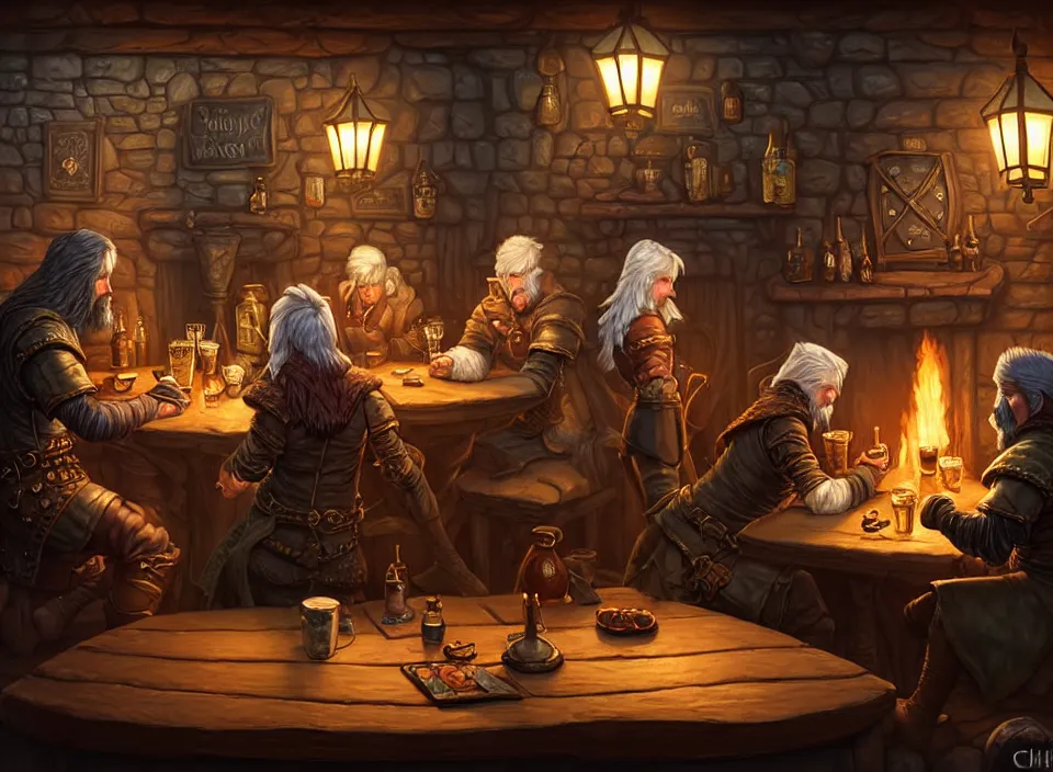 Prompt: dimly-lit cozy tavern, relaxed poses, fantasy art, detailed painterly digital art style by Chip Zdarsky, d&d vibe, rogue with short dark hair wearing leather tunic, ranger with long blonde hair wearing chainmail, bald dwarf cleric wearing platemail, mage with short white hair wearing robes, fireplace, 🍸, 8k octane beautifully detailed render, post-processing, extremely hyperdetailed, intricate, epic composition, grim yet sparkling atmosphere, cinematic lighting + masterpiece, trending on artstation, very detailed, vibrant colors