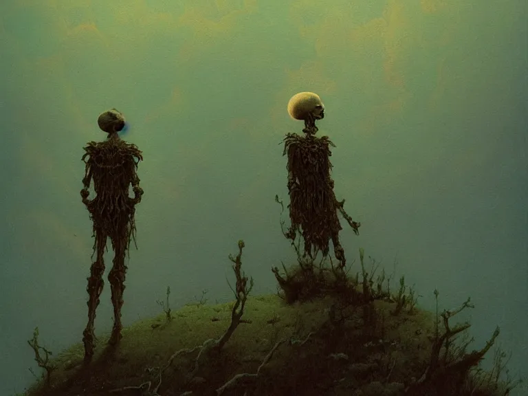 Image similar to a detailed profile illustration of skelleton, aurora lighting clouds and stars by beksinski carl spitzweg and tuomas korpi. intricate artwork by moebius. Trending on artstation. 8k