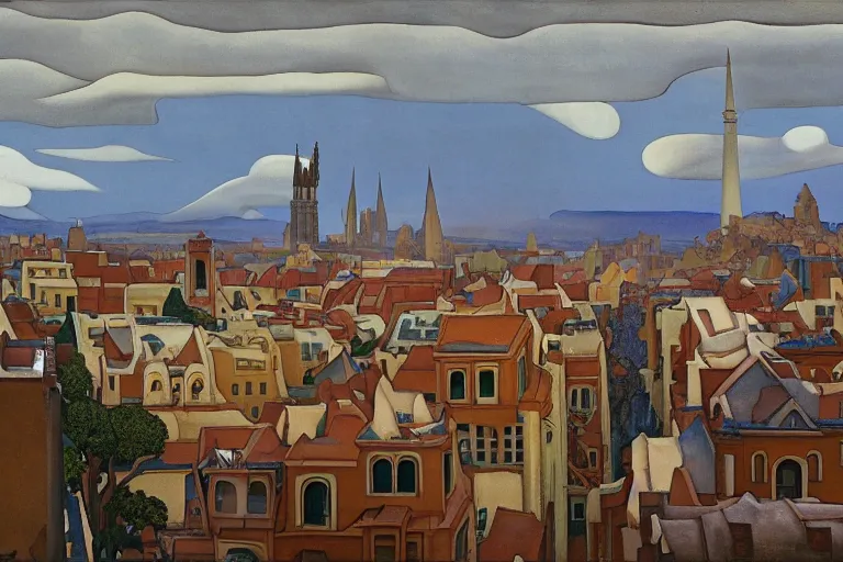 Image similar to view of the old city and its tree-lined winding streets after a storm, tall windows lit up, beautiful ornamental architecture, dramatic cinematic lighting, rich colors, by Nicholas Roerich and and Caspar David Friedrich and ford madox brown and April Gornik and ((Diego Rivera)), featured on artstation