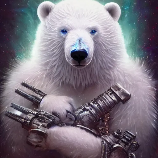 Image similar to white furry polar bear, steampunk googles, highly detailed, unreal engine 5, cinematic, 8 k, by megan duncanson, benjamin lacombe, adrian borda, stanley artgermm, tom bagshaw, craig mullins, carne griffiths, ayami kojima, beksinski, giger, trending on deviantart, hyper detailed, horror, full of colour