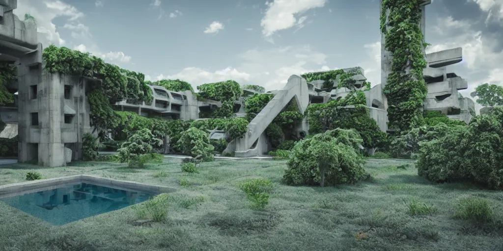 Prompt: verdant classical garden based on the brutalist architecture of carlo scarpa in a megacity made of travertine temples, sci-fi, light blue sky with clouds, 4k museum photograph, octane render, photorealistic, hyperrealism