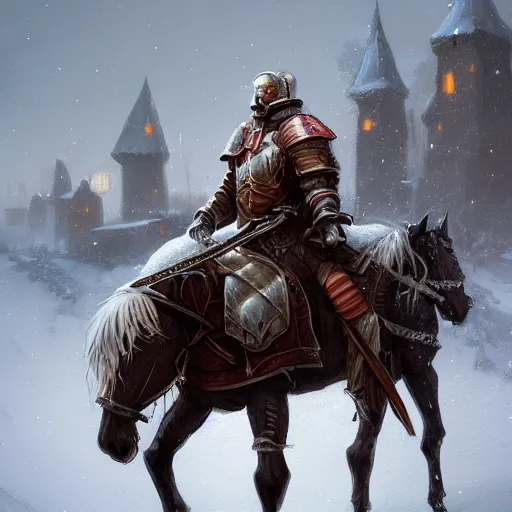 Image similar to A knight on his horse who arrives in a snowy village without any people, fantasy, highly detailed, digital painting, artstation, concept art, illustration, art by Diego Gisbert Llorens