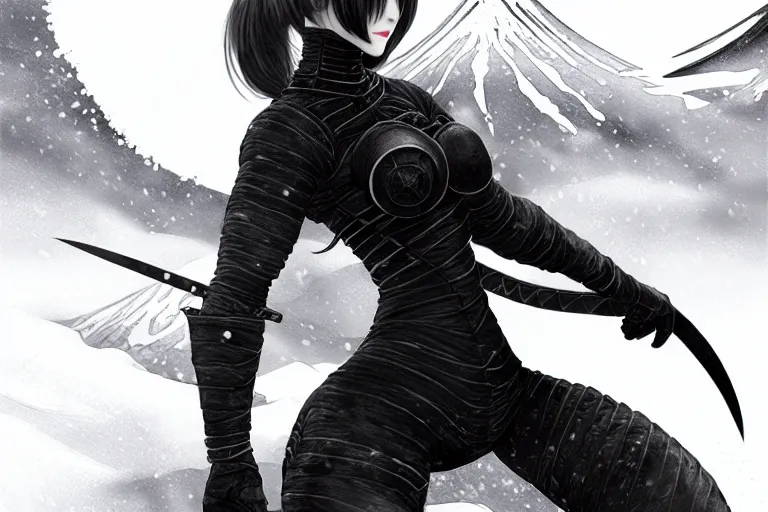 Image similar to portrait ninja gaiden girl, black plus white ninja wardrobe, at snowy fuji mountain sunrise, ssci - fi and fantasy, intricate and very very beautiful, detailed, digital painting, artstation, concept art, smooth and sharp focus, illustration, art by tian zi and wlop and alphonse mucha