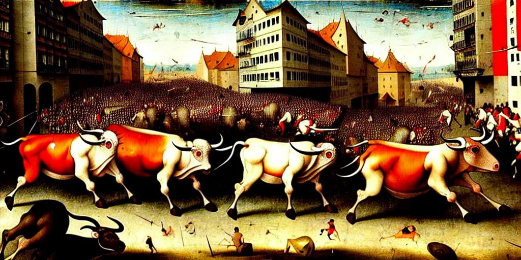 Image similar to the running of the bulls in pamplona, hundreds of people are fleeing from rampaging bulls in the city streets, art by hieronymus bosch, intricate, elegant, highly detailed, smooth, sharp focus, artstation