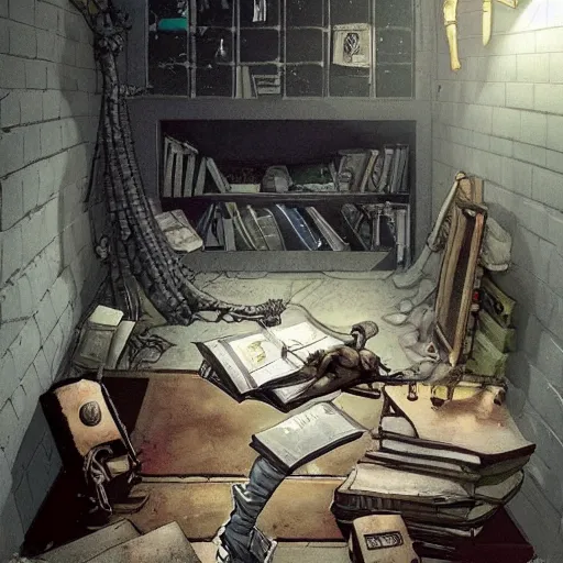 Image similar to detailed room in the sewer lair The room is a clean and delicate room ,over the bed there is a sword rack ,everything is neat ,stack of comics on the floor,soft,light,bright,epic,awesome,digital art, by Simon beak and Greg rutkowski