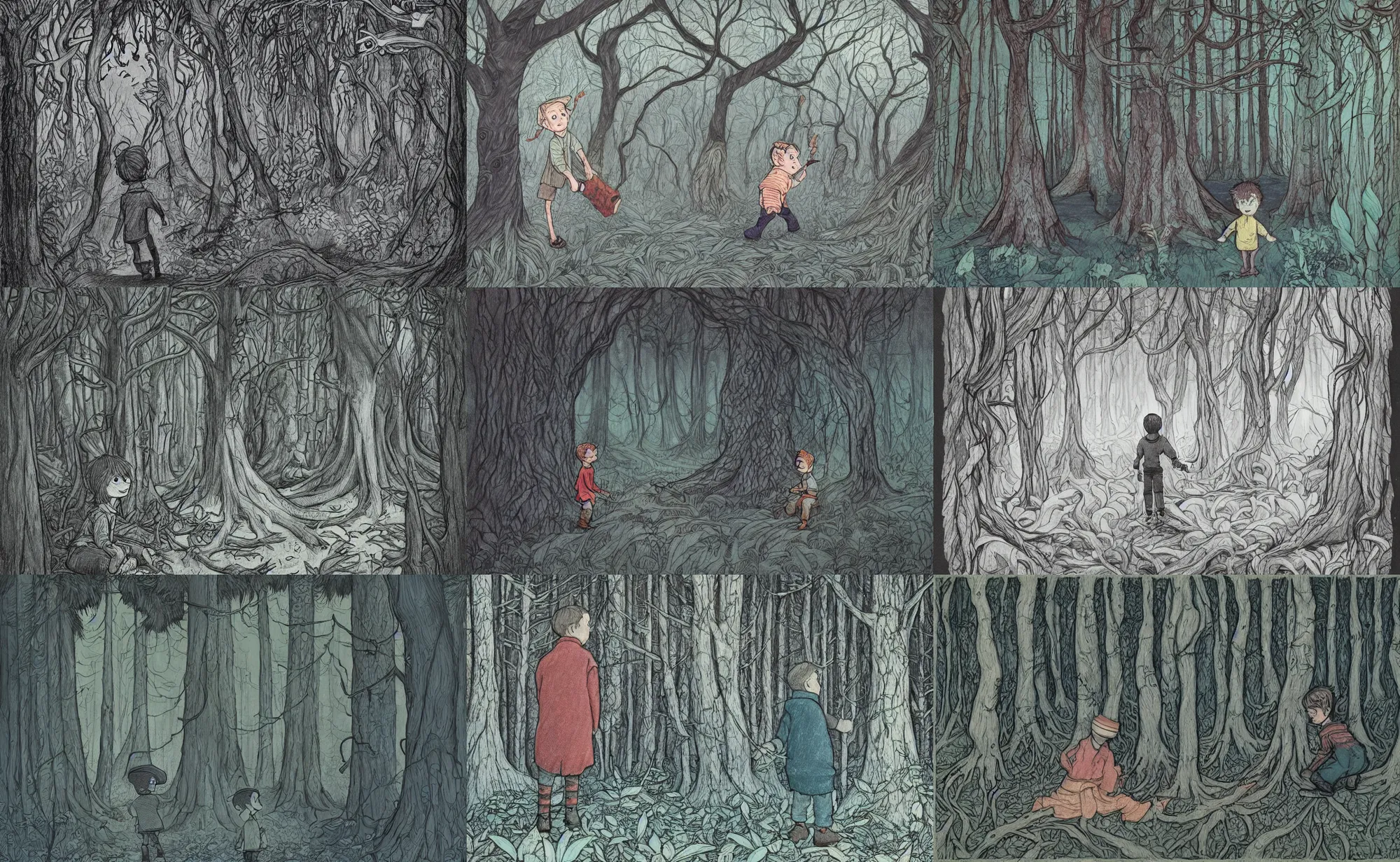 Prompt: book illustration of boy in haunted forest, by beatrice blue, by julia sarda, by loish, by szymon biernacki. dark guache, pastels. pencils. dark. hand drawn. low saturation. stylized. intricate. detailed, textured, orthoview. pattern figurative ornament. artstation instagram behance