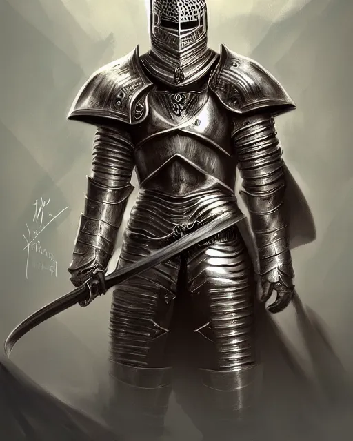 Prompt: hyperdetailed full body portrait of a knight, fancy armor, fancy helmet, sword behind back, hd, sharp focus, illustration, trending on artstation