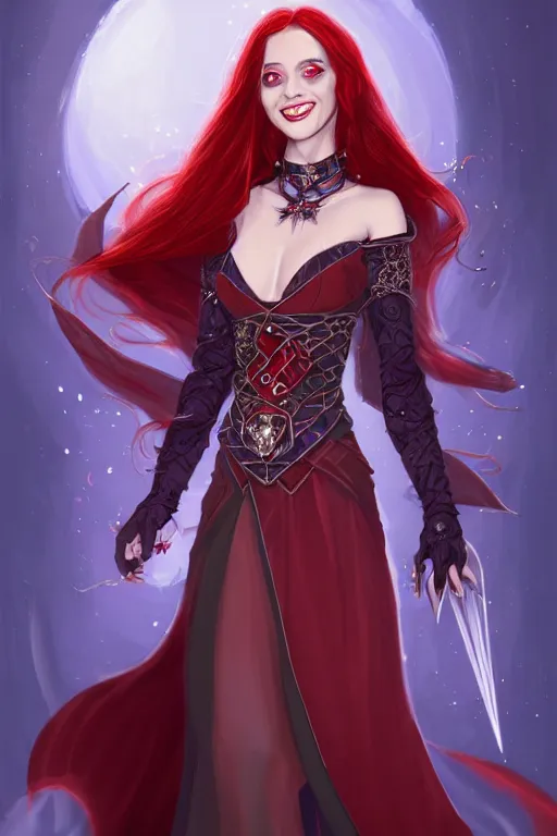 Image similar to a full body portrait of a gorgeous female sorceress, looking at camera, D&D, choker on neck, stylish dress with arcane magic symbols, very long flowing red hair, intricate, elegant, stylish, cute slightly nerdy smile, mouth slightly open, fantasy, extremely detailed, digital painting, artstation, concept art, smooth, sharp focus, illustration, stunning lighting, art by artgerm and greg rutkowski and alphonse mucha and simon stalenhag