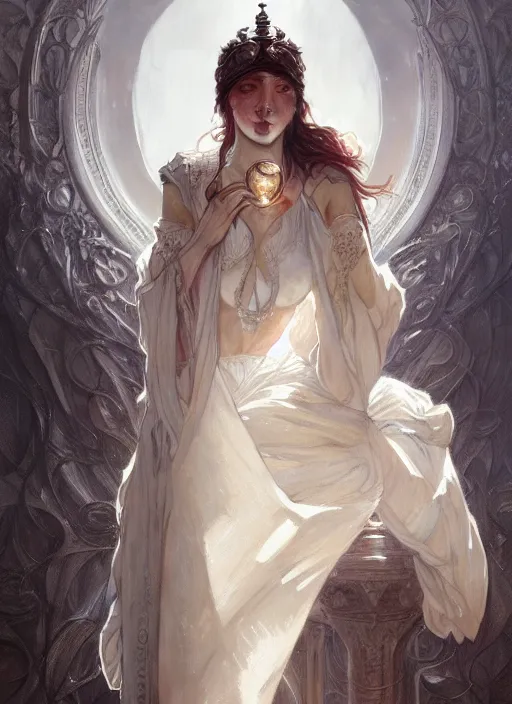 Prompt: portrait of person with face full of white mist, fantasy, medieval wear, intricate, elegant, highly detailed, digital painting, artstation, concept art, smooth, sharp focus, illustration, art by artgerm and greg rutkowski and alphonse mucha